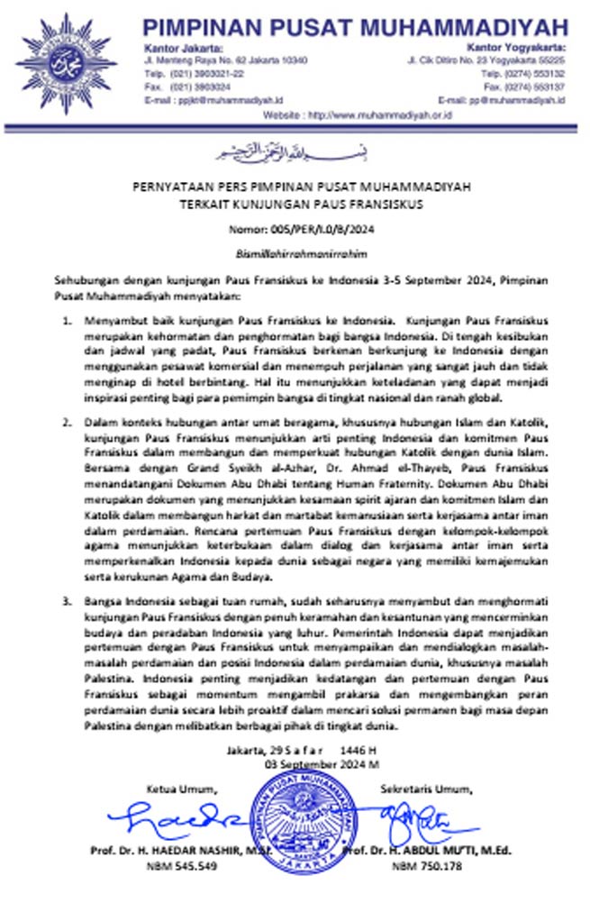 Ini Pernyataan Pers PP Muhammadiyah Terkait Kunjungan Paus Fransiskus CirebonMU
